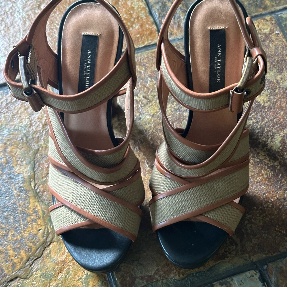 Ann Taylor Tan and Brown Chunky Heel Sandals